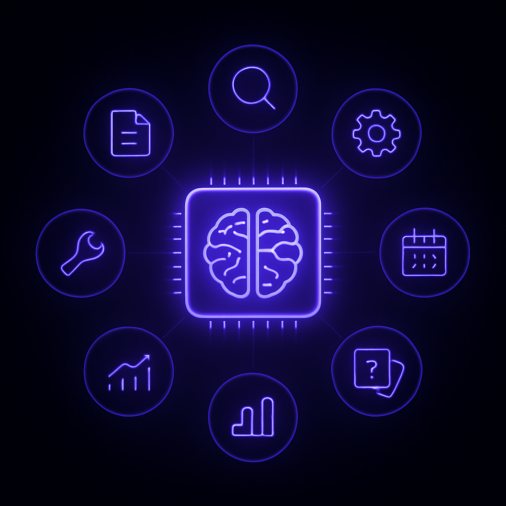 AI brain at center with seven orbiting icons depicting review, prompts, spaced repetition, analytics, and export
