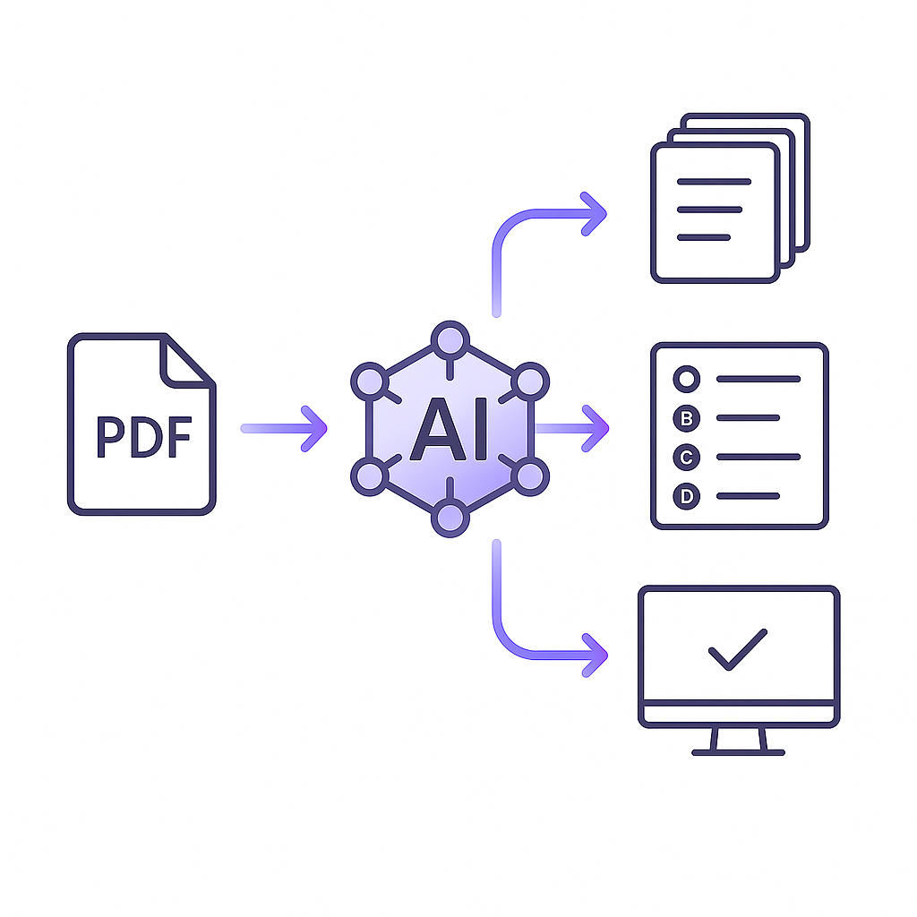 Abstract flow diagram of PDF entering AI engine and outputting flashcards, quiz, and practice test
