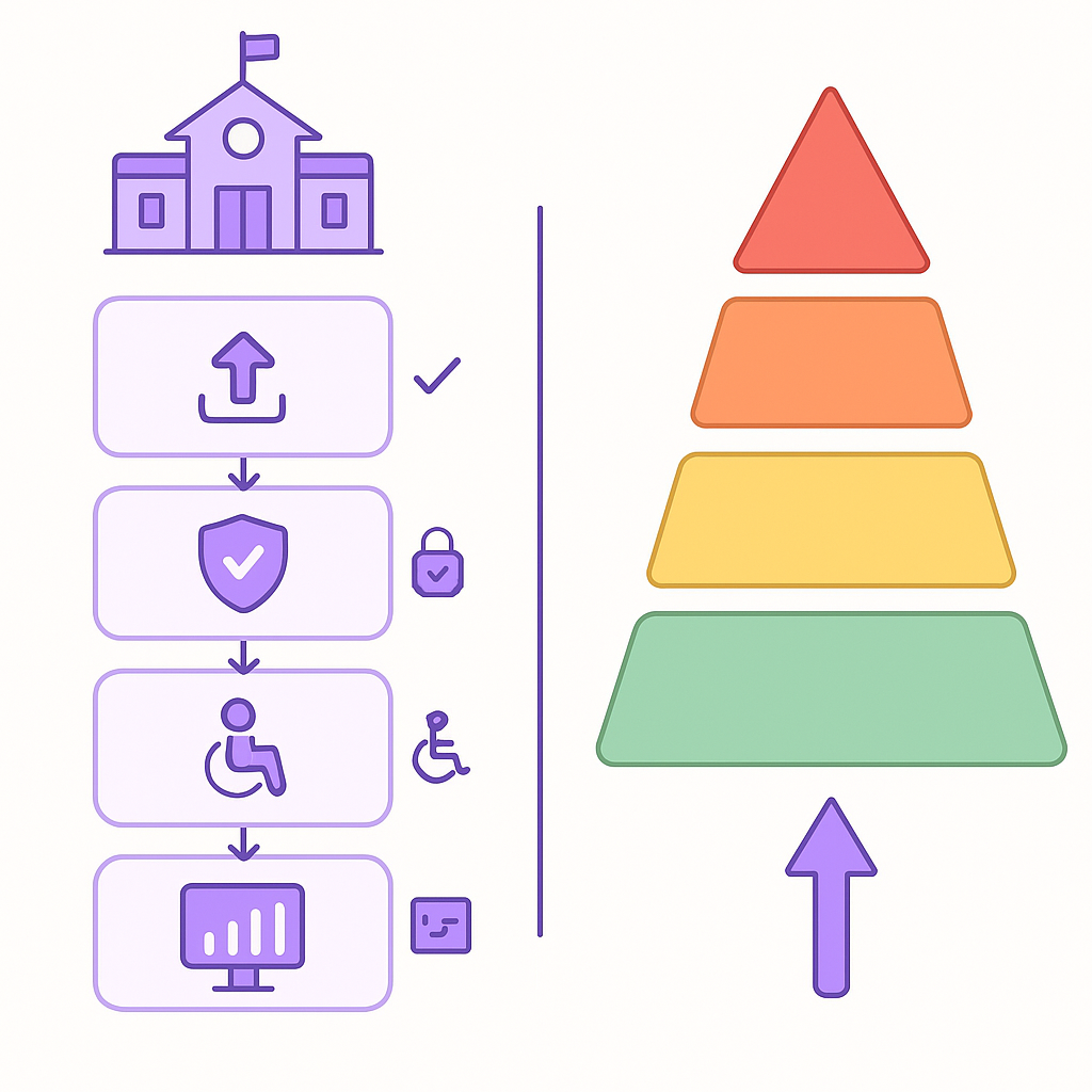Flow of five compliance steps beside a four-level risk pyramid for AI adoption in schools