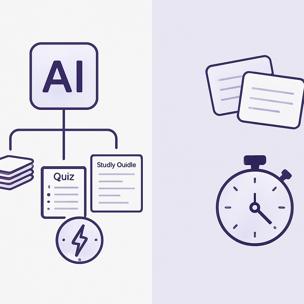 Side-by-side icons contrasting an all-in-one AI study suite with a basic flashcard generator