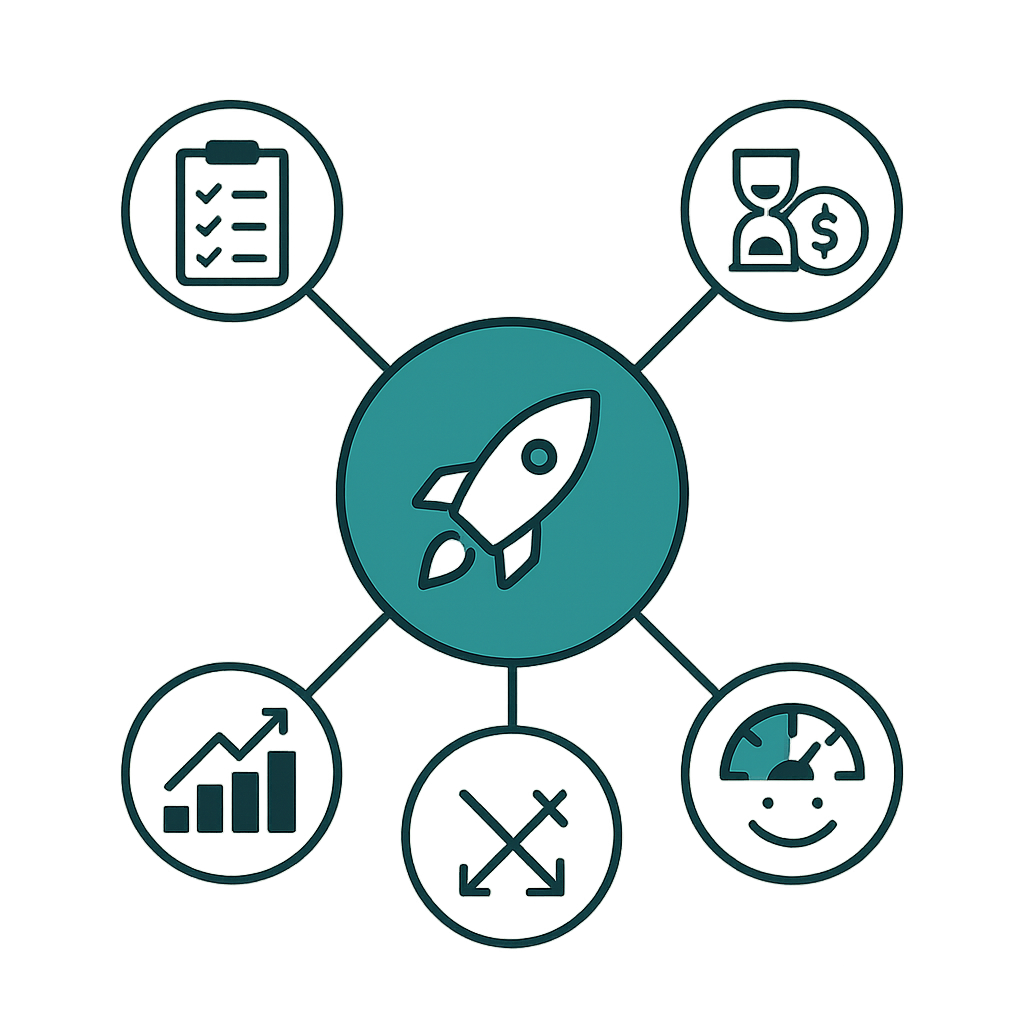 Diagram linking five prioritization framework icons to a central backlog-reduction hub
