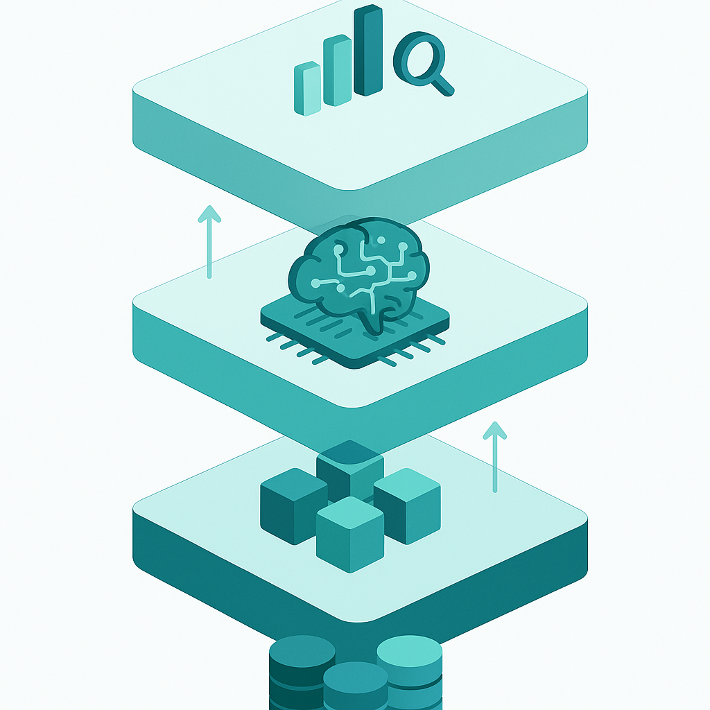 Four-layer BI stack diagram showing data platform, semantic layer, AI analytics, and visualization tiers