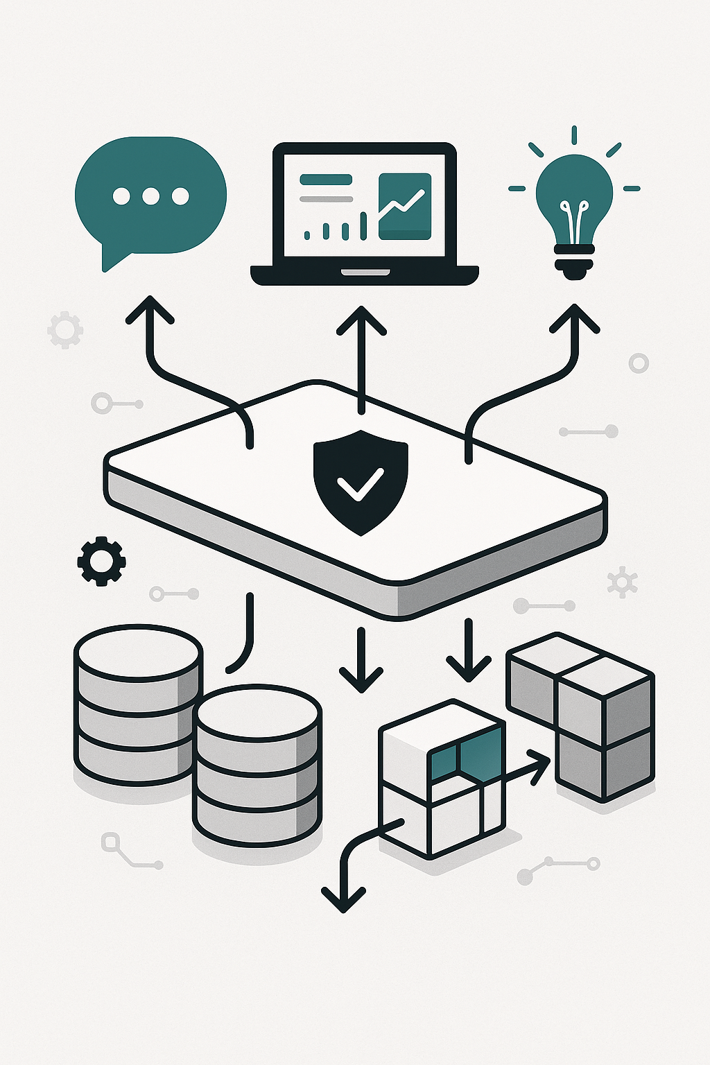 Layered diagram of data warehouses feeding a semantic governance layer that powers natural language insights