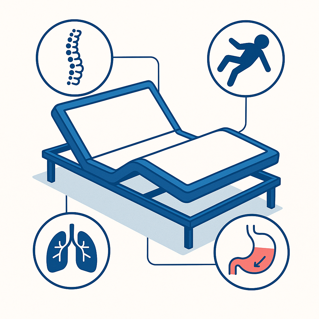 Adjustable bed linked to spine, astronaut, lungs, and stomach icons highlighting key comfort benefits