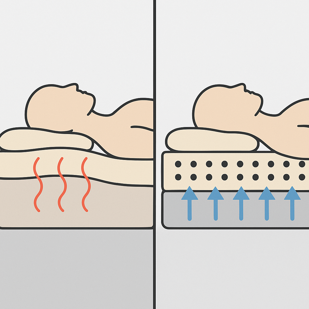 Cross-sectional comparison of memory foam trapping heat vs natural latex dispersing airflow on an adjustable bed