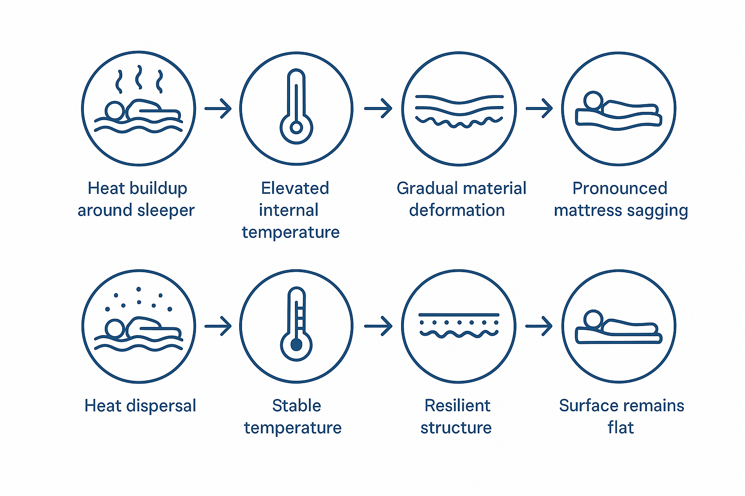 Flow diagram showing heat-driven creep leading to memory foam sagging contrasted with latex stability