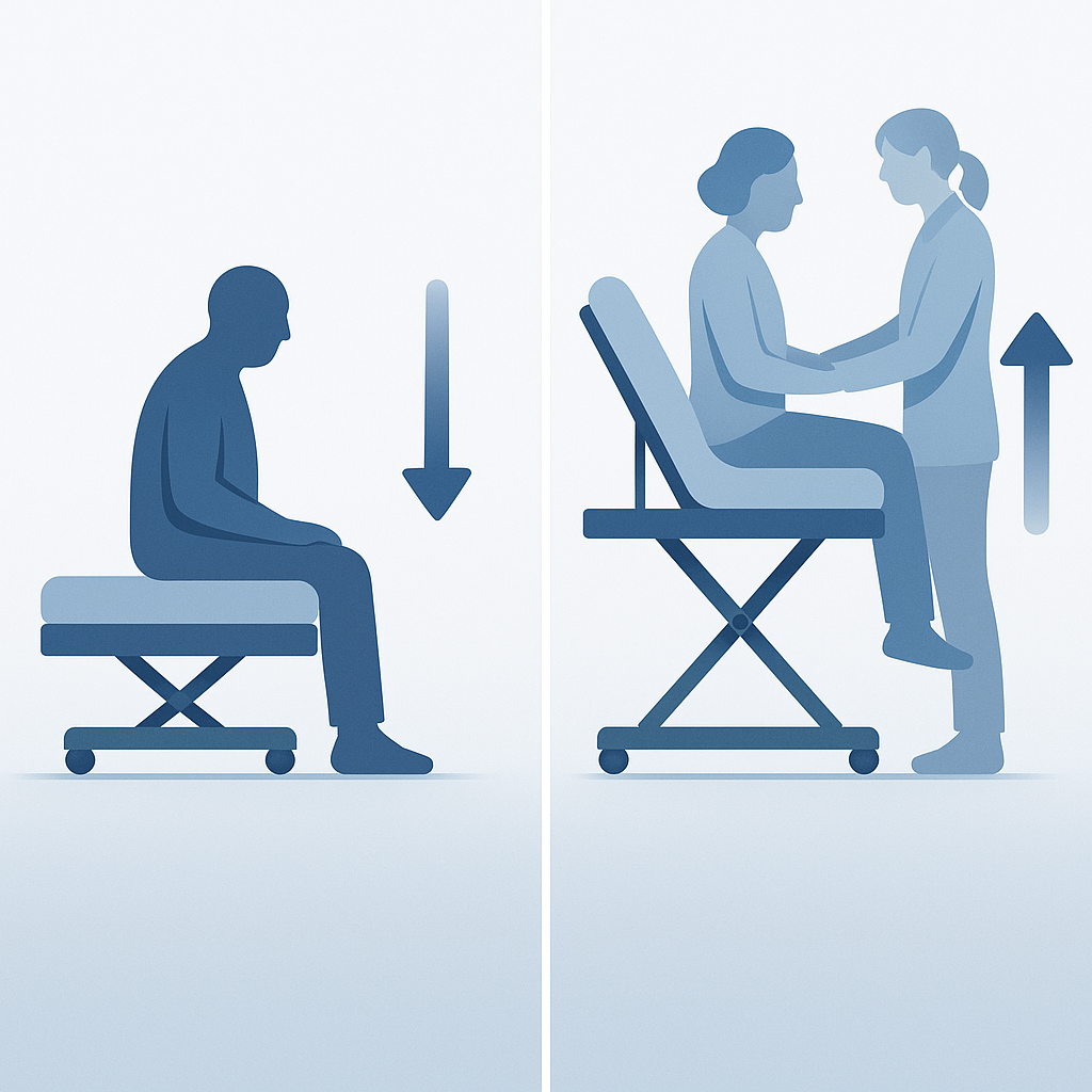 Hi-low adjustable bed in low position for user entry and high position for ergonomic caregiver access