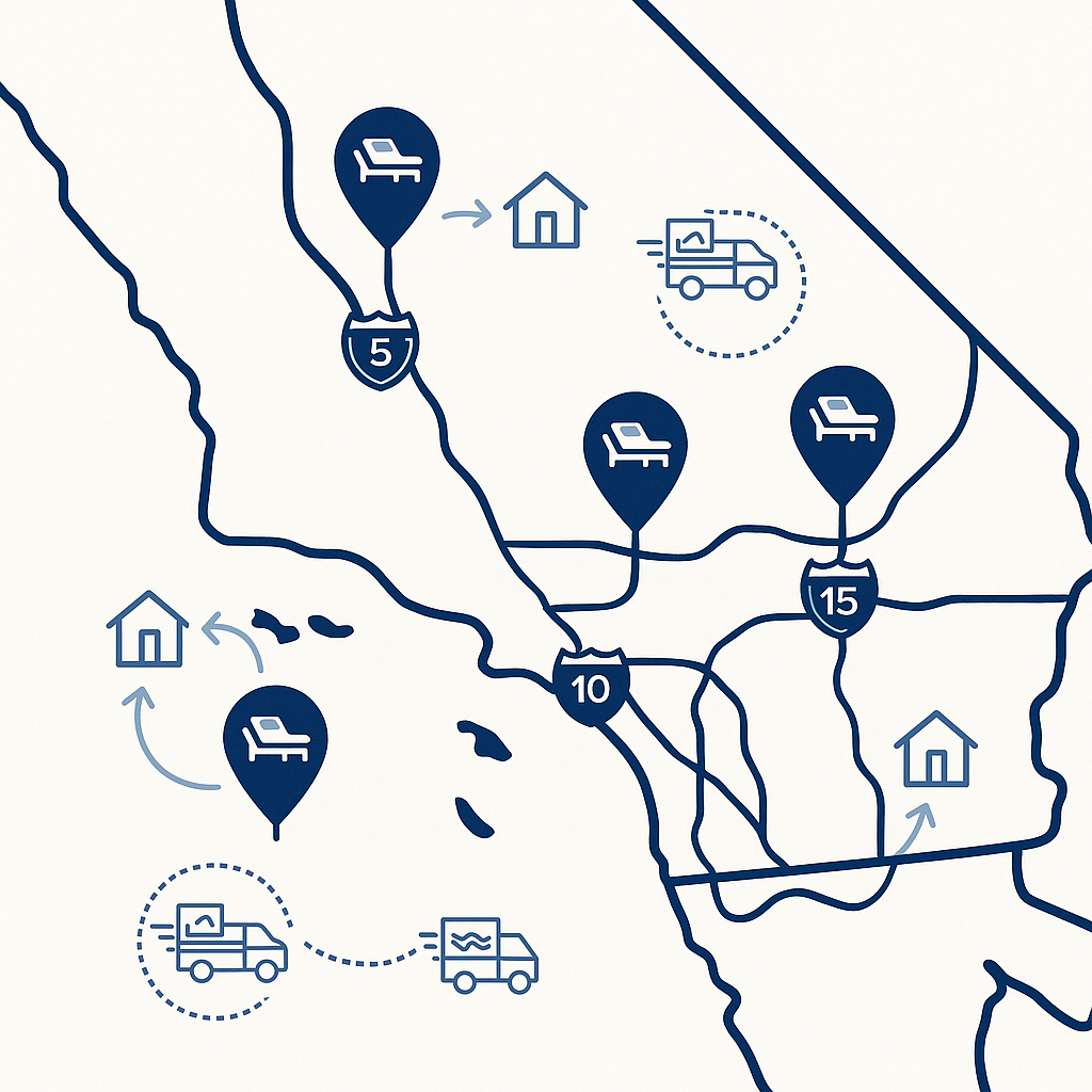 Vector map of Southern California with showroom pins and delivery trucks indicating local adjustable bed availability