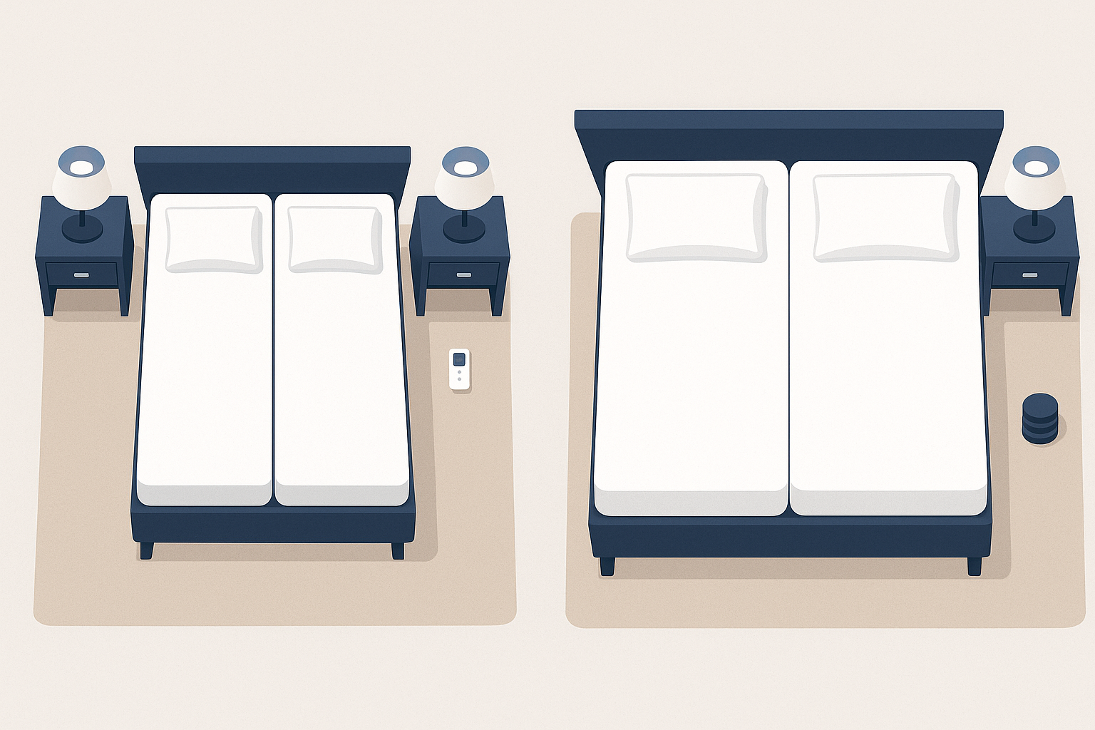 Top-down comparison of split queen versus split king adjustable beds highlighting width and cost contrast