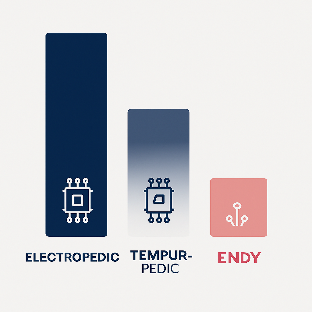 Three bar chart comparing warranty length and electronics coverage among Electropedic, Tempur-Pedic and Endy