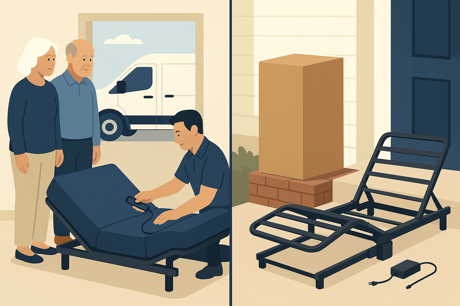 Split-screen illustration contrasting white-glove in-home setup with curbside box delivery for adjustable beds