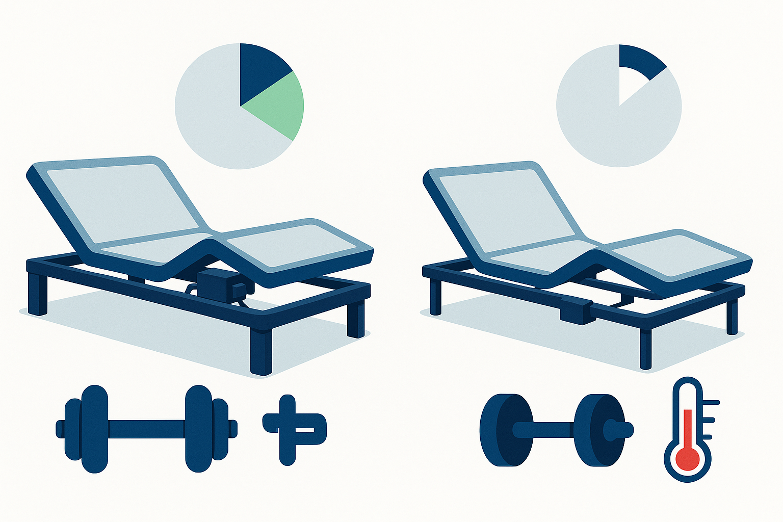 Side-by-side illustration of heavy-duty bed with higher weight and cooler motor versus lighter bed with hotter motor