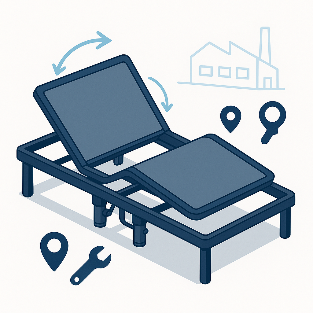 Isometric adjustable bed showing dual motors, sturdy steel frame, and icons for factory heritage and local service