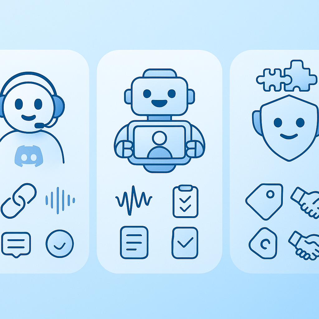 Icon-based three-column comparison of Harmony, Otter, and MEE6 feature coverage
