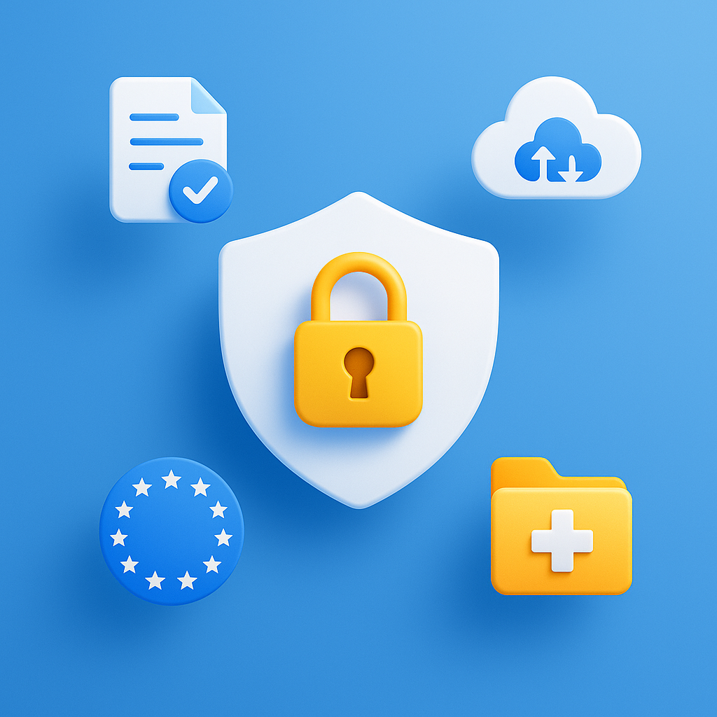 Shield and lock surrounded by icons for SOC2, encryption, GDPR, and HIPAA illustrating Discord bot security checks