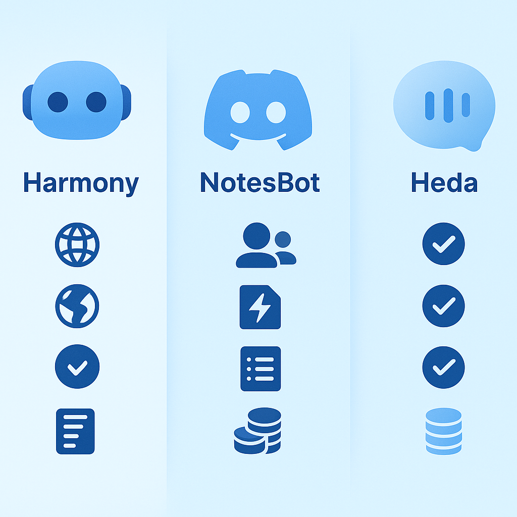 Icon-based side-by-side feature comparison of Harmony, NotesBot, and Heda Discord notetaker bots