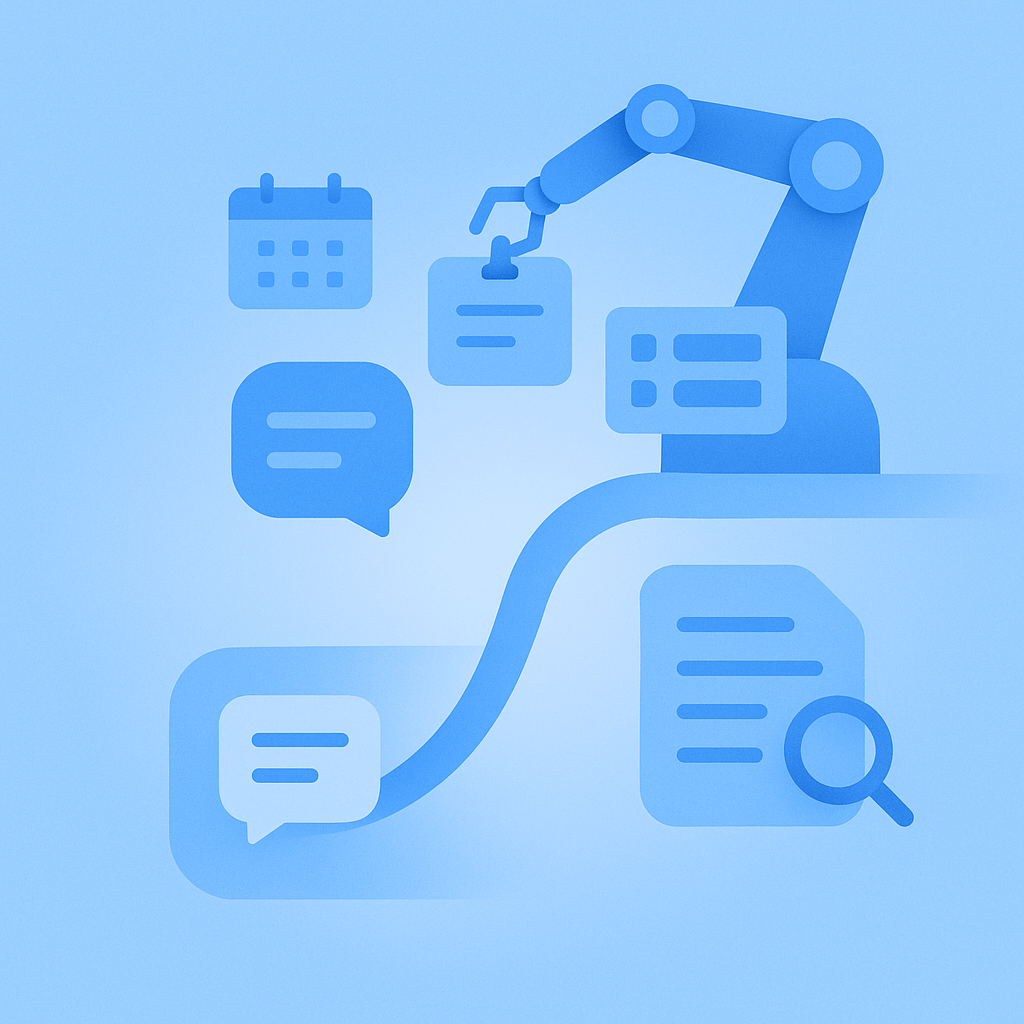Concept illustration showing progression from chat-based queries to an AI agent automating meeting tasks