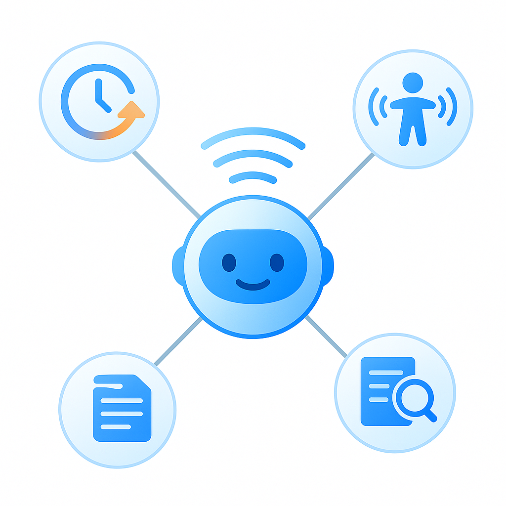 Central chatbot icon linked to productivity, accessibility, and clarity symbols