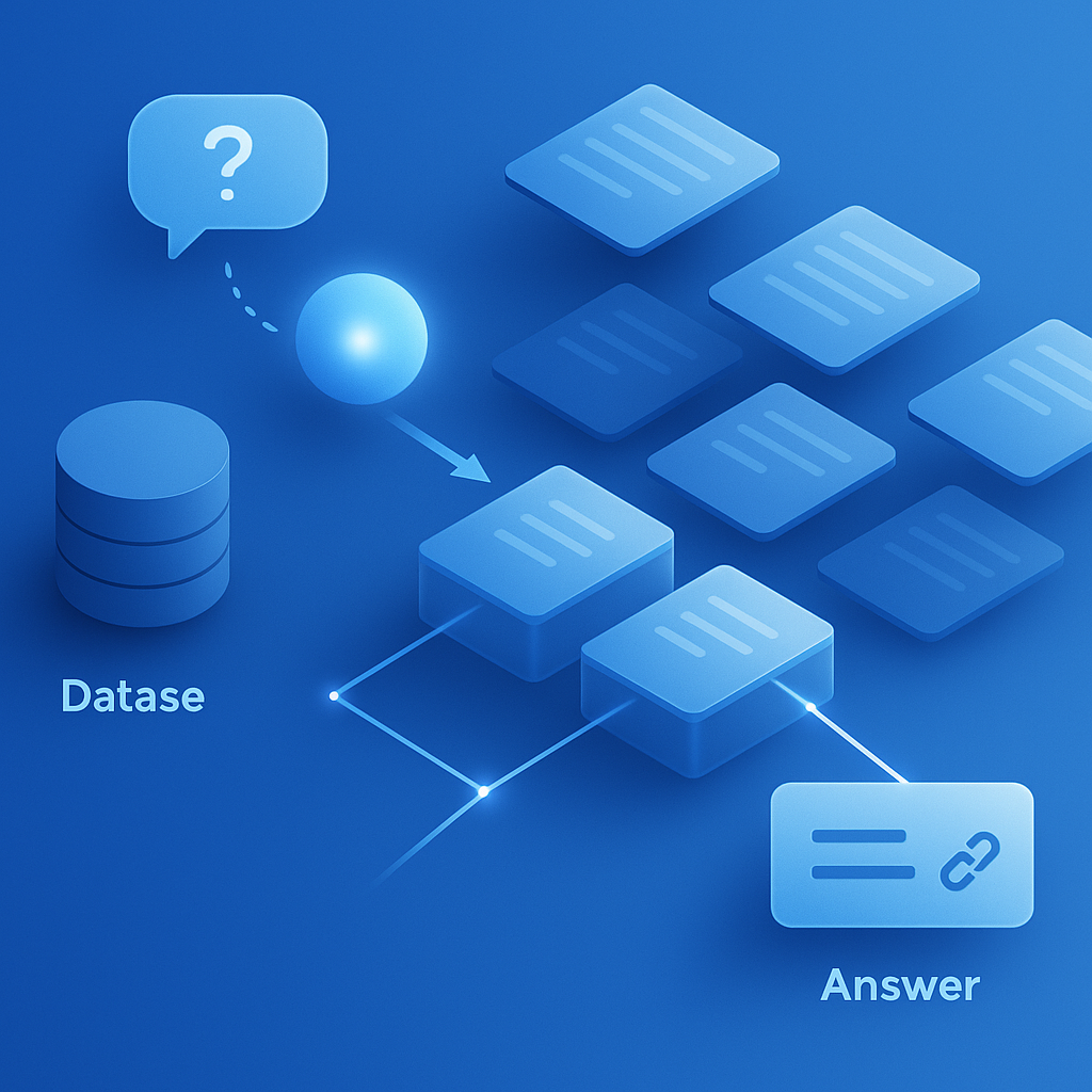 Vector search diagram linking a natural-language query to embedded transcript chunks and cited answer