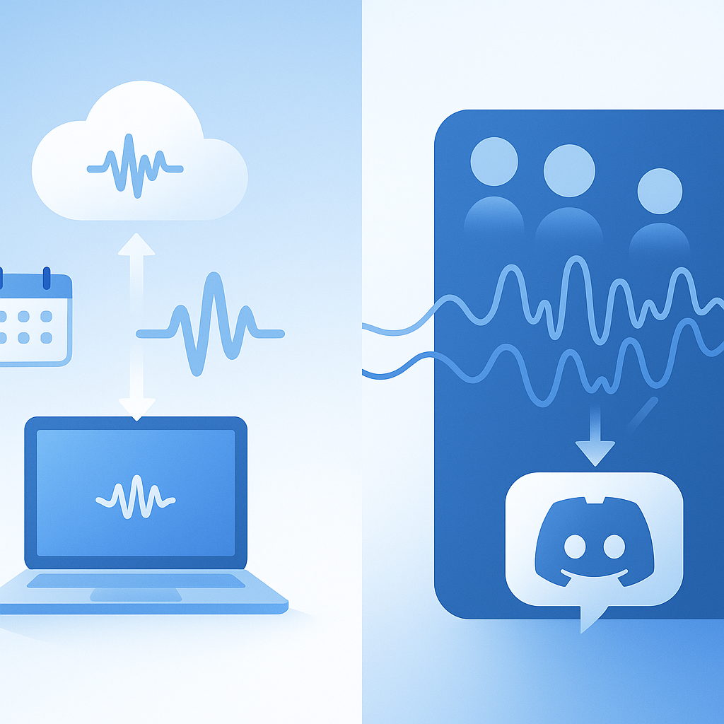 Diagram comparing calendar-based meeting audio to Discord multi-speaker voice channel transcription