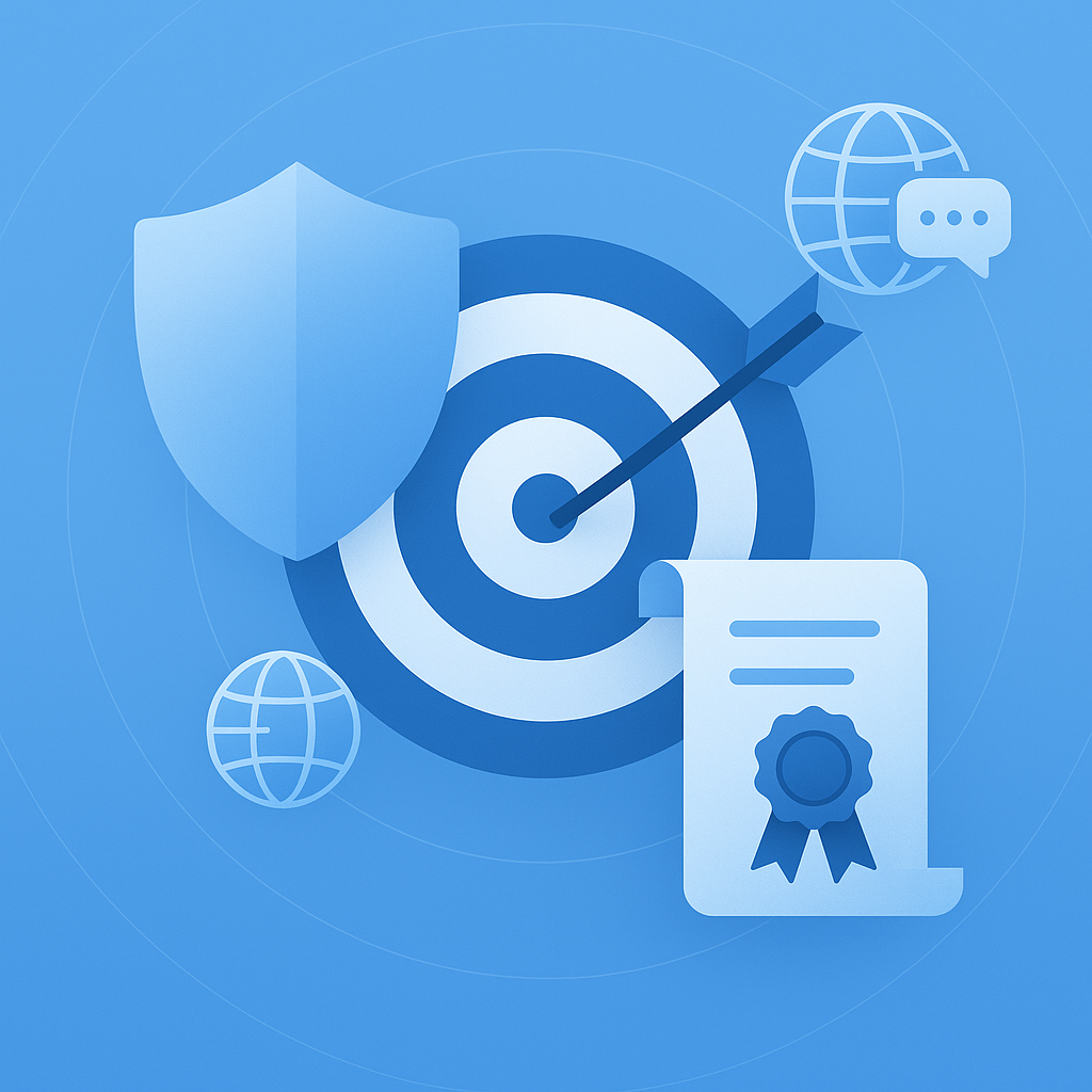 Accuracy bullseye, privacy shield, compliance certificate, and globe for multi-language in one layered graphic