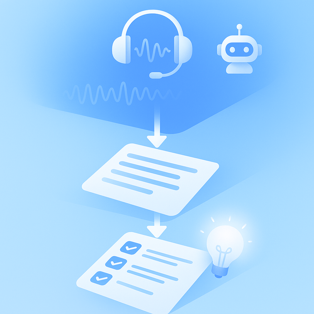 Three-stage diagram of recording, transcription, and summarization workflow