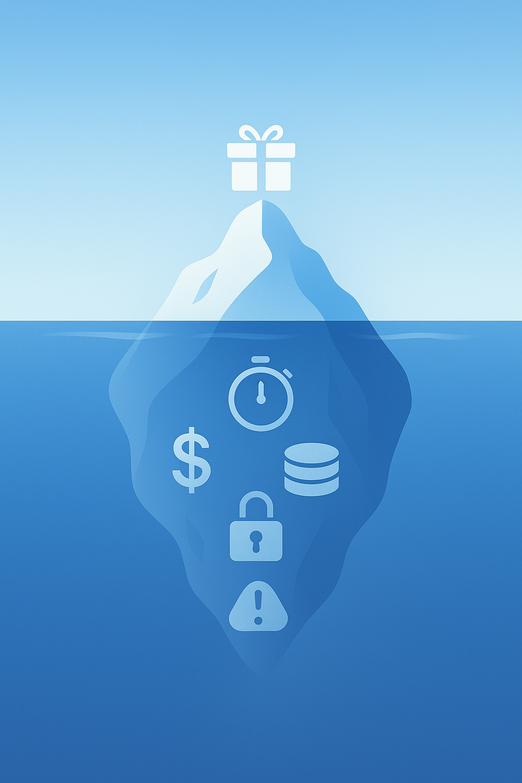Iceberg metaphor showing small free offering above water and large hidden transcription costs below surface.