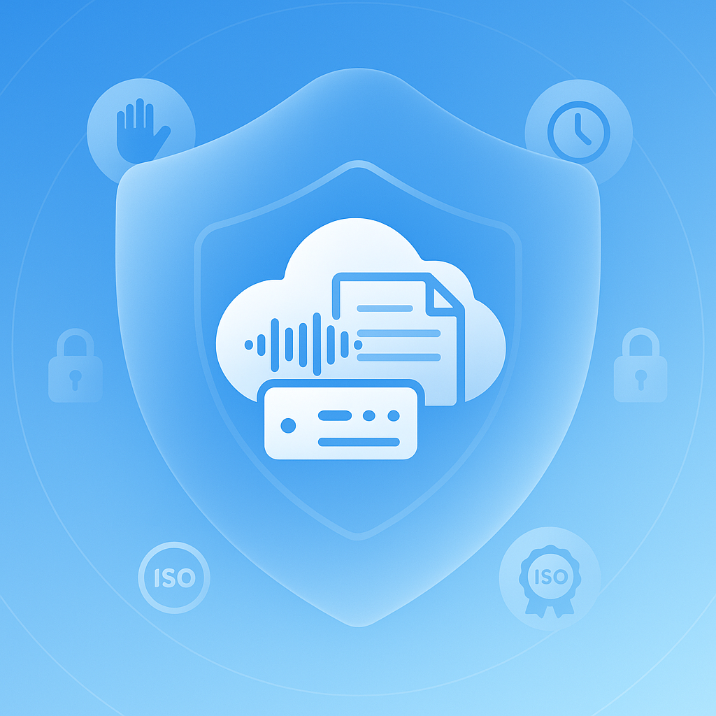 Conceptual shield protecting cloud-hosted audio and transcript files with locks, consent, clock, and certification icons