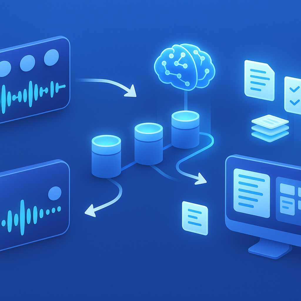 Four-stage diagram of recording, transcription, AI summarization, and delivery pipeline