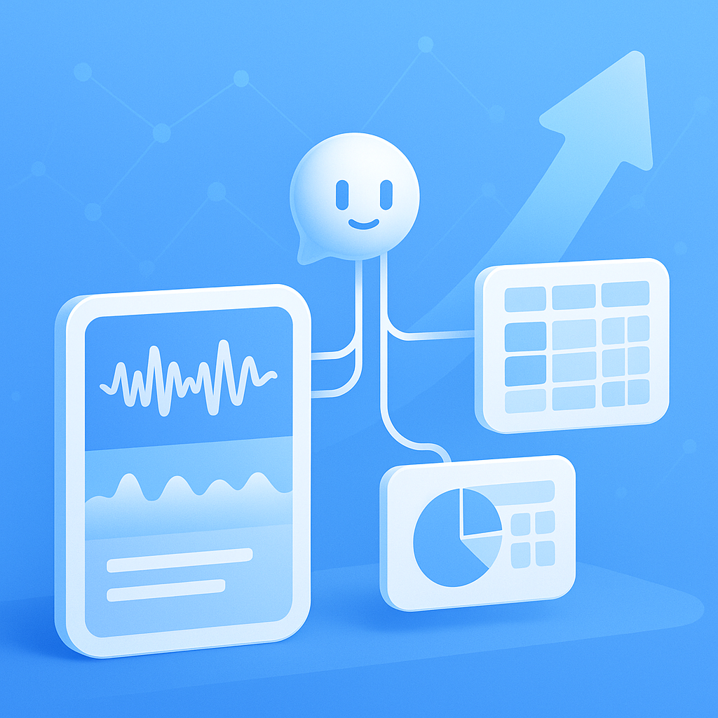 Conceptual illustration of live transcription, AI workflow automation, and upward growth arrow