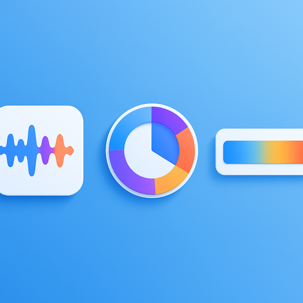 Triptych diagram of waveform diarization, circular talk-time share, and sentiment timeline heat-map metrics
