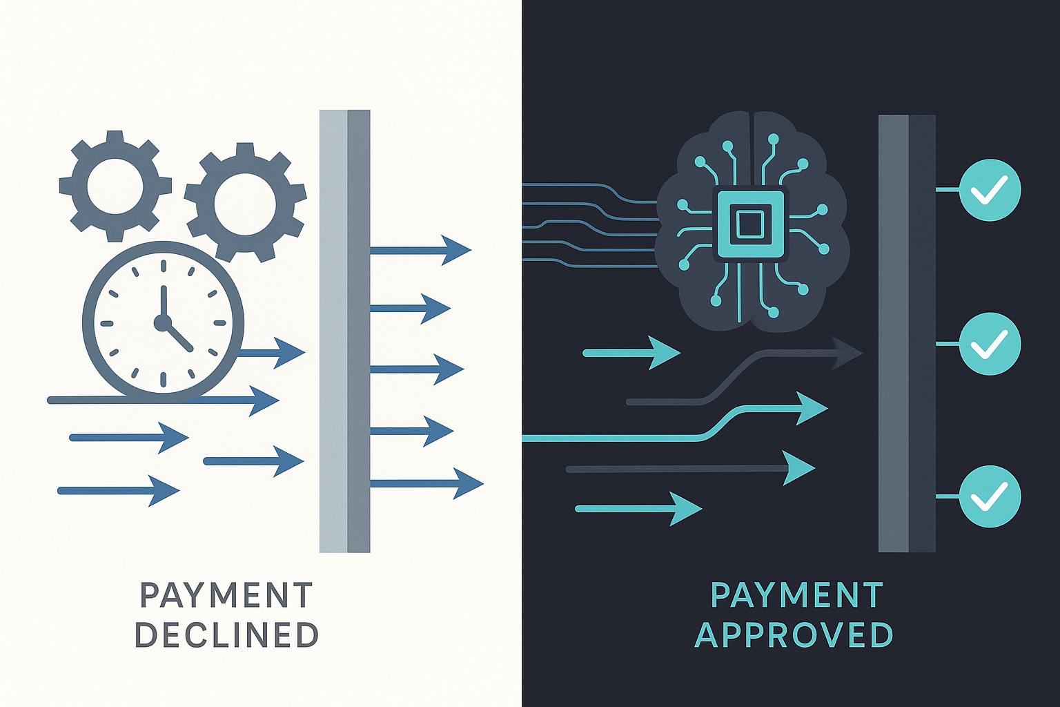 Vector comparison of fixed retry attempts failing versus AI-optimized retries succeeding
