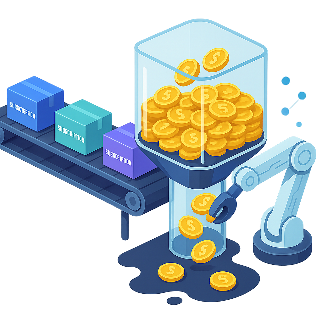 Isometric pipeline showing coins leaking from subscription revenue and an AI robotic arm retrieving them