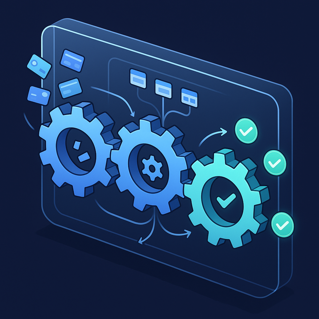 Three interlocking gears illustrating AI retry scheduling, multi-gateway routing, and automated outreach in a smart dunn