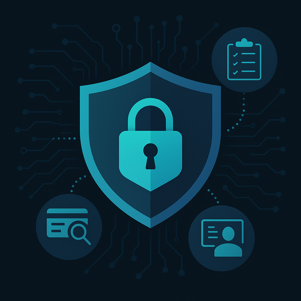 Shield and padlock with fraud, compliance and human oversight icons showing safeguards in enterprise payment recovery