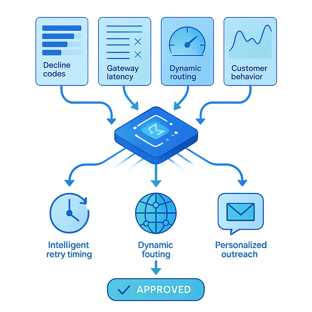 Flowchart of AI engine processing payment data to schedule retries and route transactions through the best gateway.