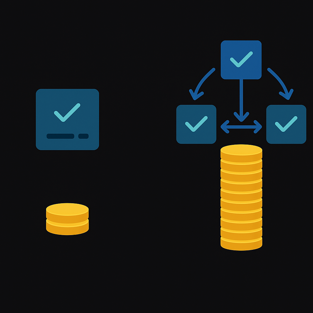 Short coin stack for native retries contrasted with taller stack from AI multi-gateway recovery
