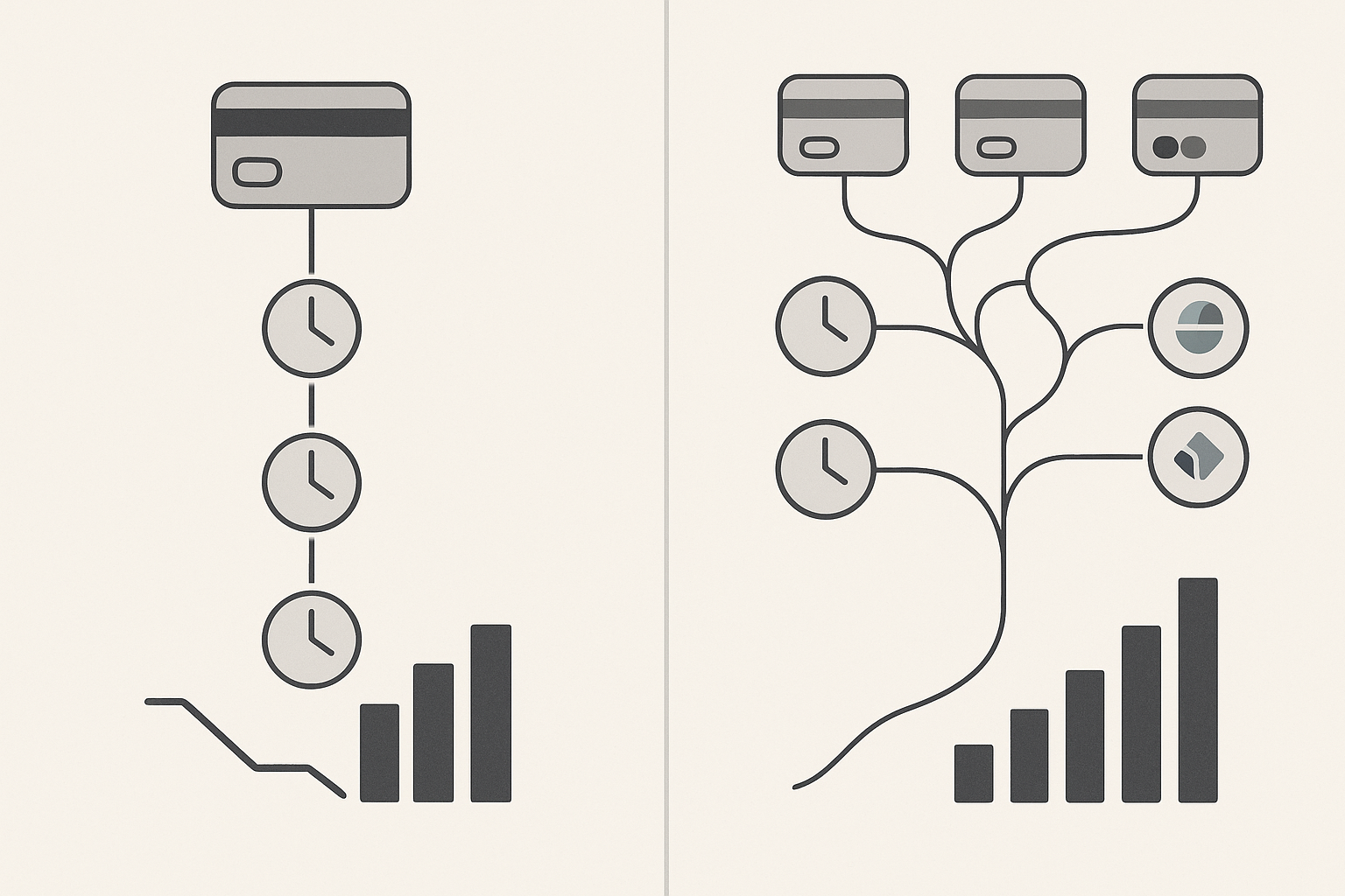 Side-by-side diagram contrasting basic retry schedule with AI-powered enterprise dunning capabilities