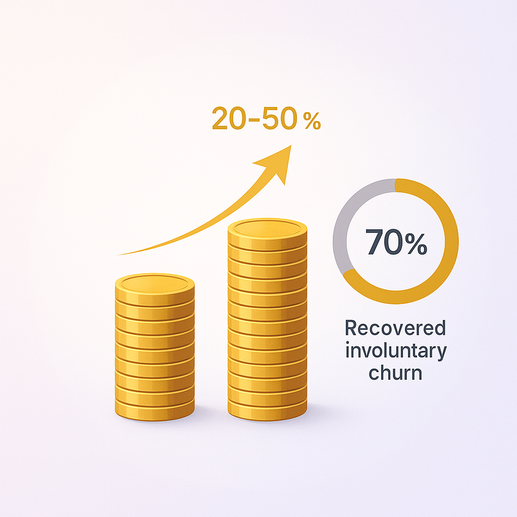 Illustrative chart showing increased revenue recovered and reduced churn from smart dunning implementation