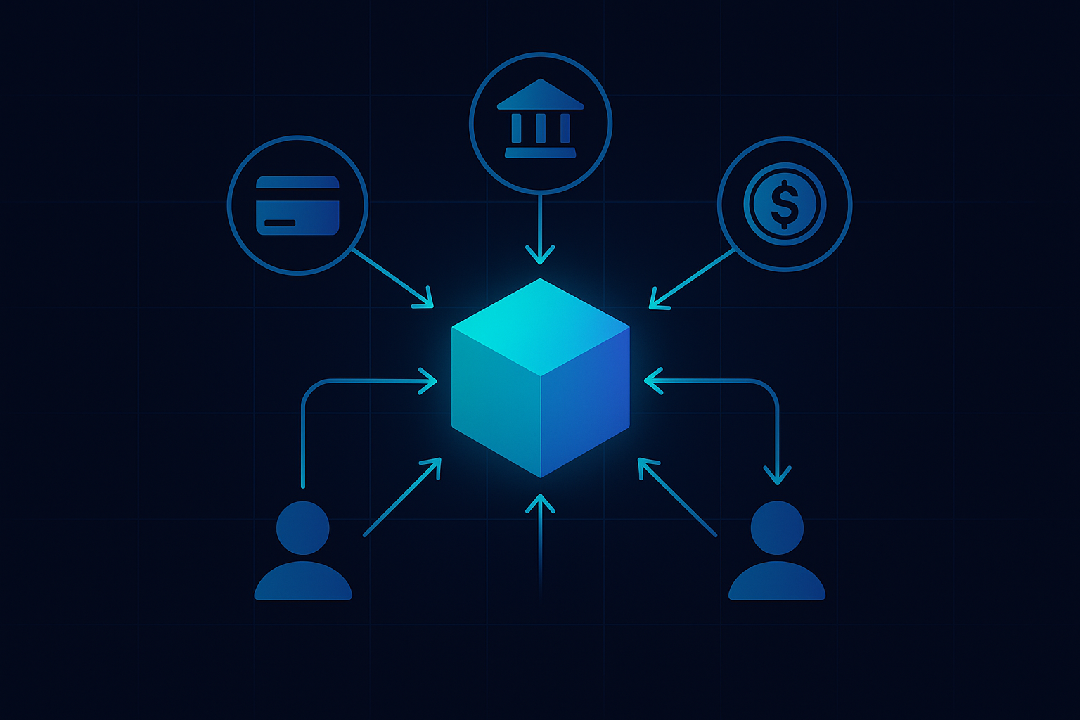 Foundation model at center directing autonomous agents across card, ACH, and stablecoin payment rails