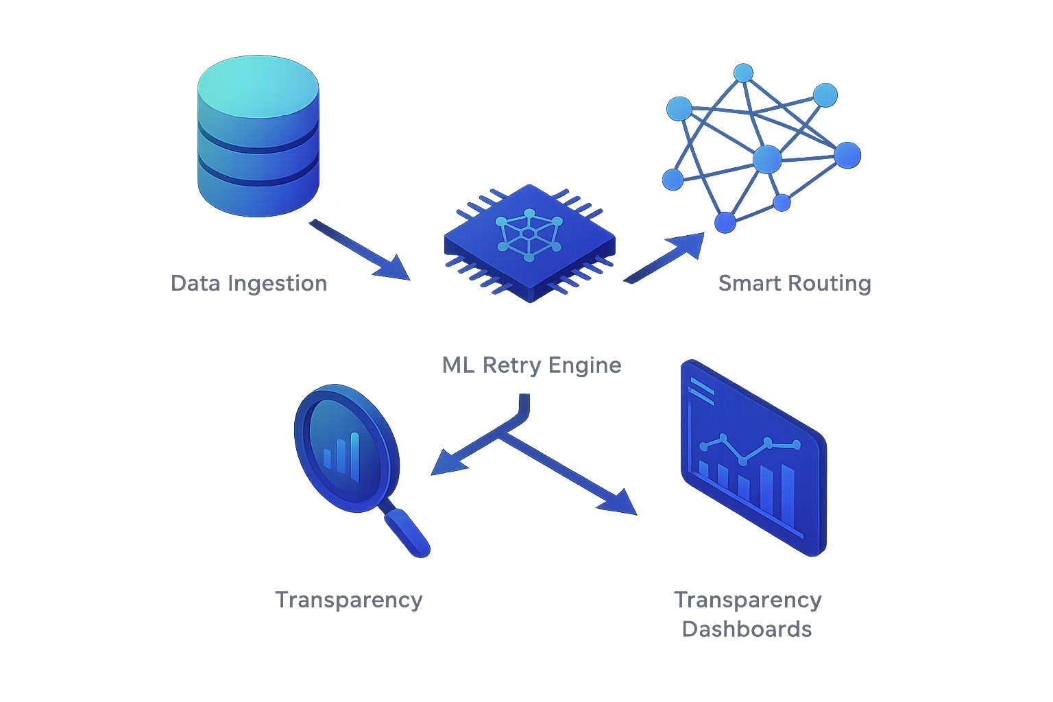 Four-module pipeline depicting data ingestion, ML engine, smart routing, and analytics flow