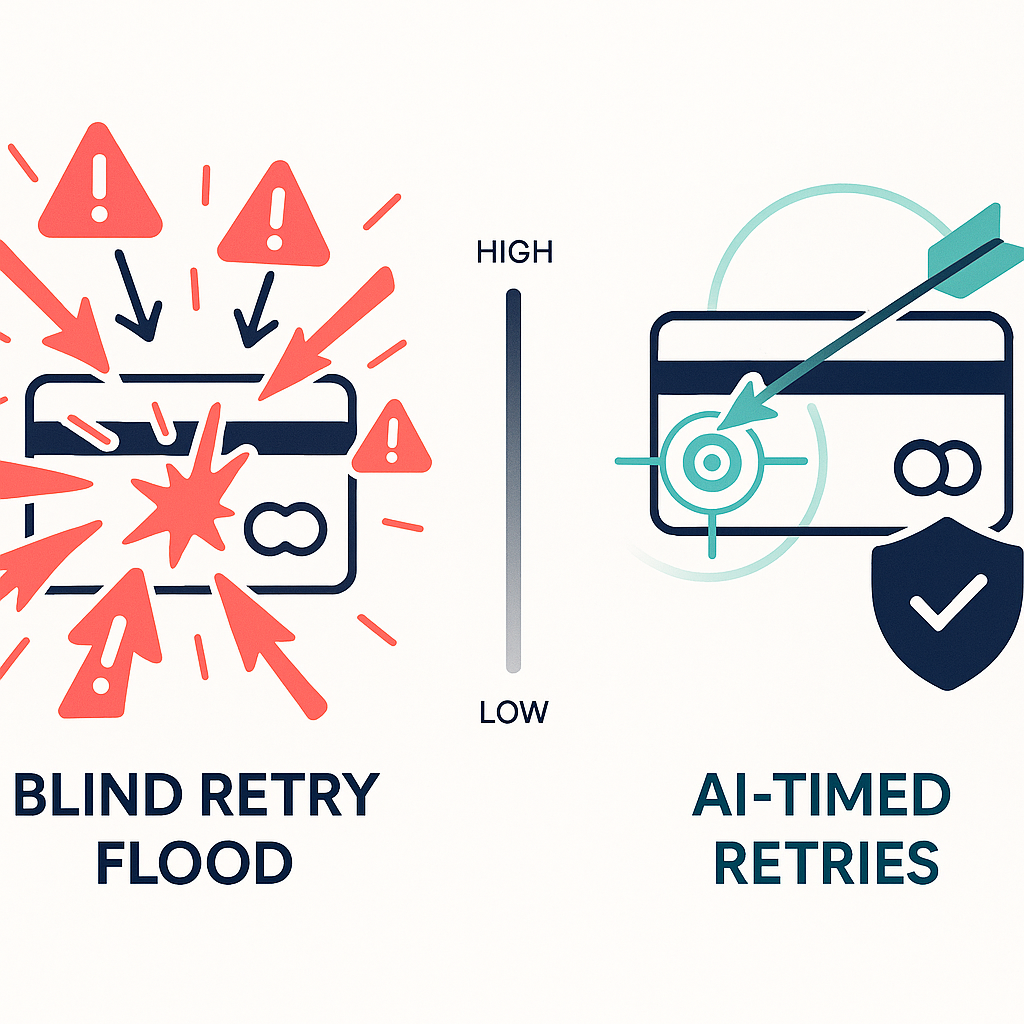 Split illustration contrasting blind mass retry floods with AI-timed retries that meet Visa compliance thresholds.