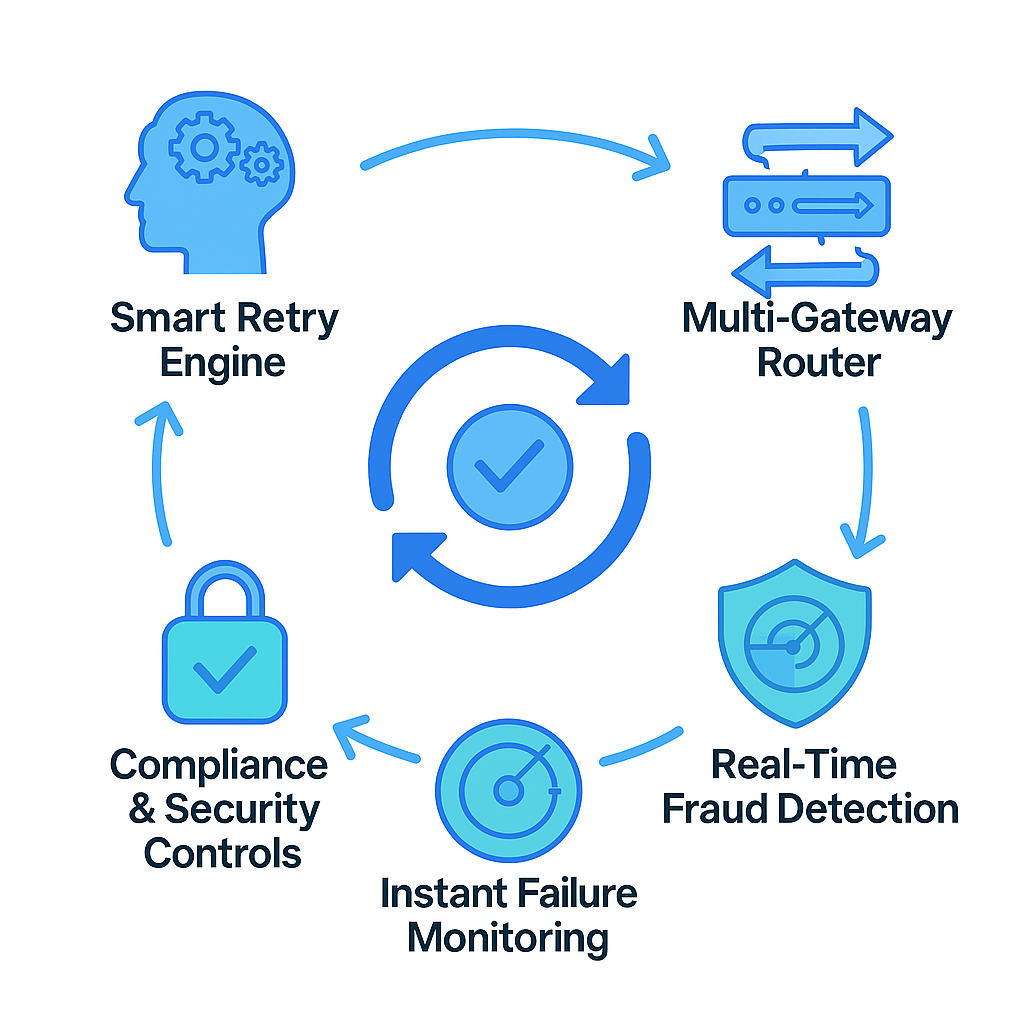 Circular diagram linking smart retries, gateway routing, fraud checks, monitoring, and compliance in a recovery loop