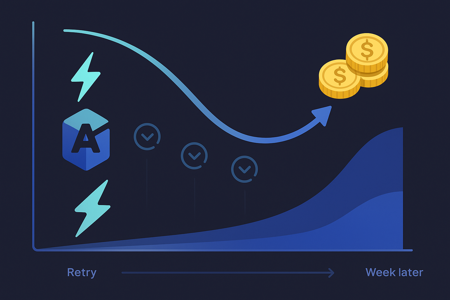 Illustration of recovery probability dropping fast after failure while lost revenue climbs over time
