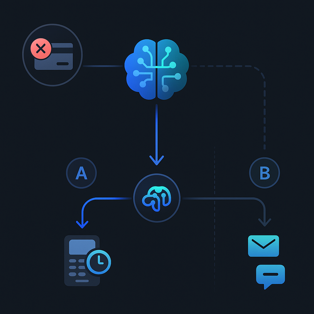 Flow diagram of AI engine separating failed payment retries from customer messages via email and SMS