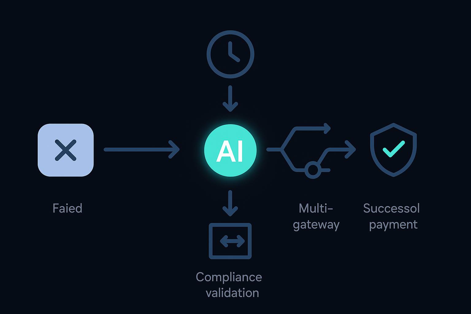 Flow diagram of smart AI retry engine choosing best time and gateway for failed payments
