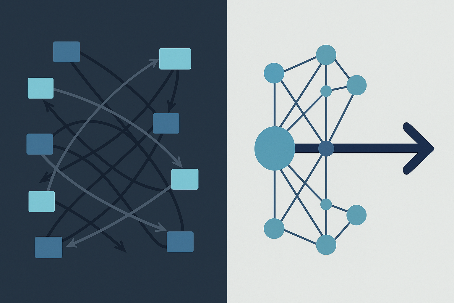 Side-by-side contrast of messy multi-gateway connections versus streamlined single AI-powered path