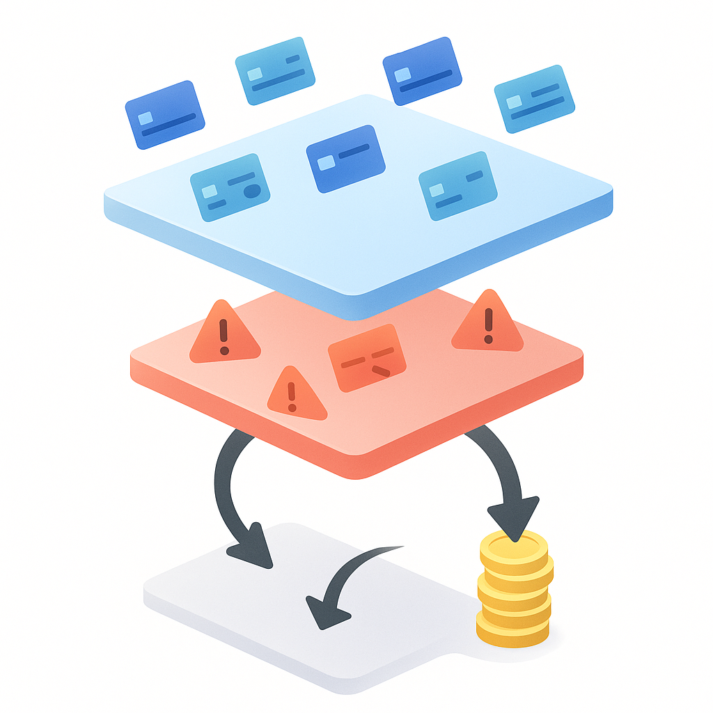 Funnel diagram of transaction attempts, declined payments, and recoverable revenue in high-volume payments
