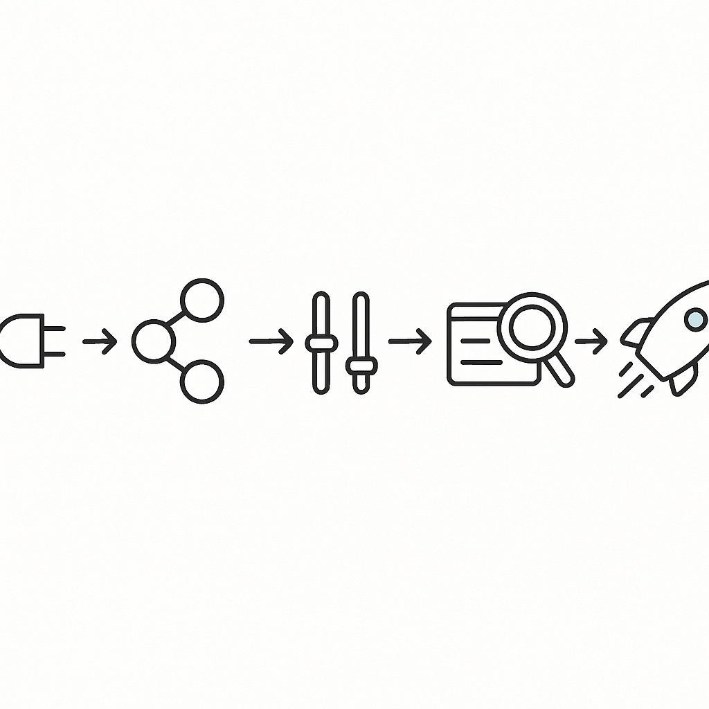 Abstract flow chart showing the five key steps to deploy a smart dunning system from integration to launch