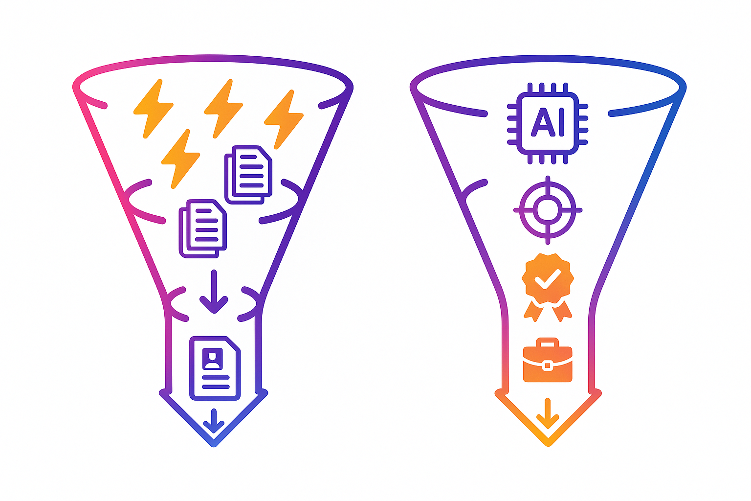 Side-by-side recruiting funnels contrasting Gaia’s volume focus with Adway’s quality-first conversions